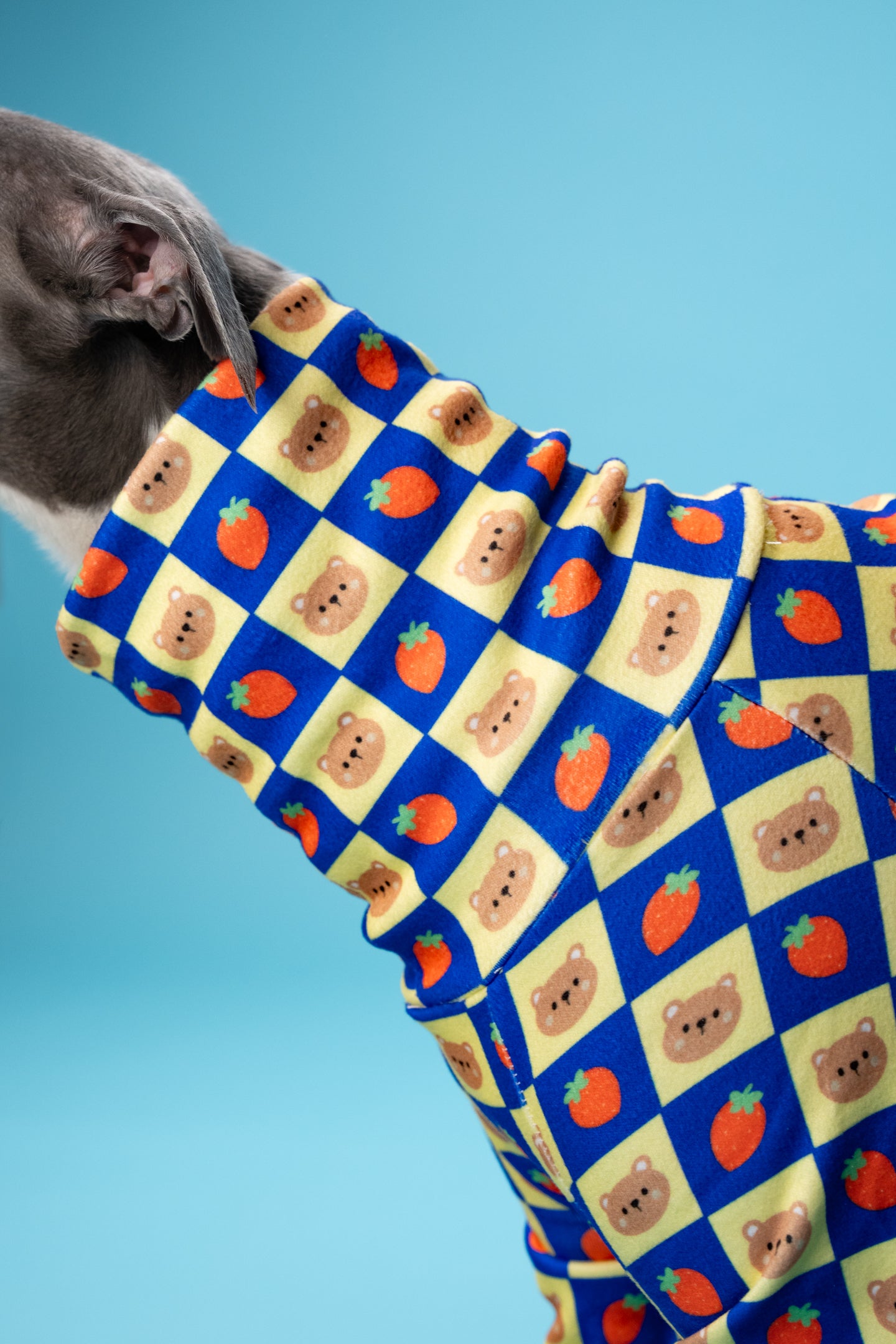 a large dog in a turtle neck with a kawaii pattern. showing the stretchy fit and comfortable materials.