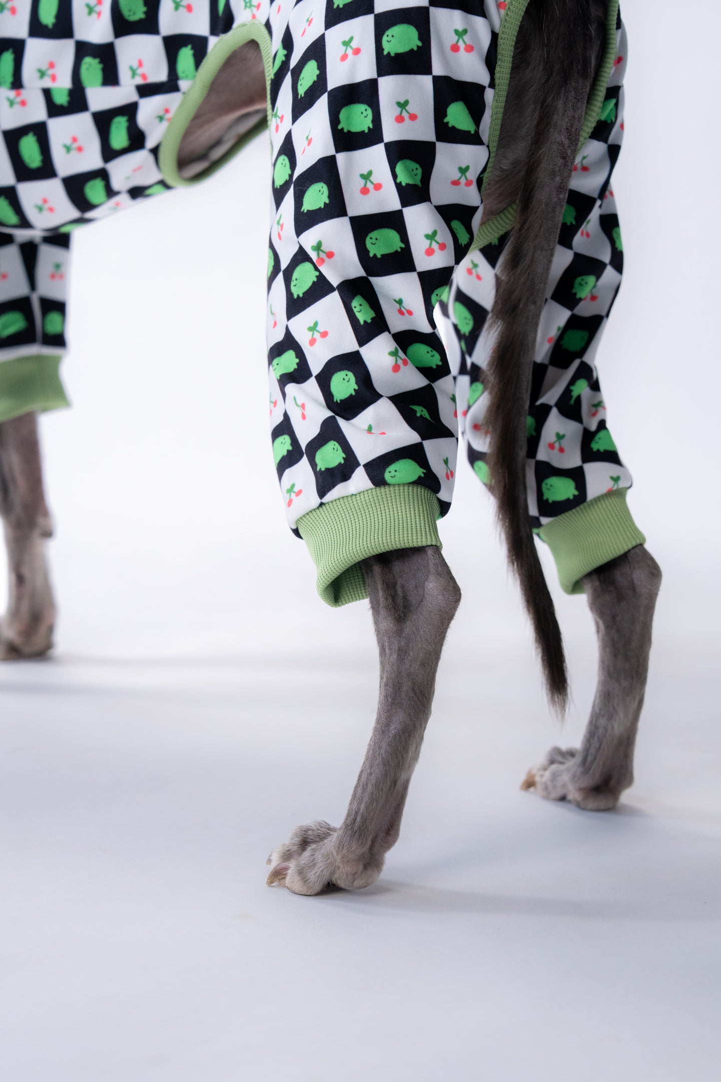 Pajamas for deep-chested, narrow dogs with long legs, in fun frog and cherry print.