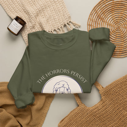 The Horrors Persist But So Do Hot Girls Sweatshirt | Funny Sweatshirt | Trendy Graphic Crewneck | Cute Dog Sweater | Bulldog | Boston Terrier | Meme dog