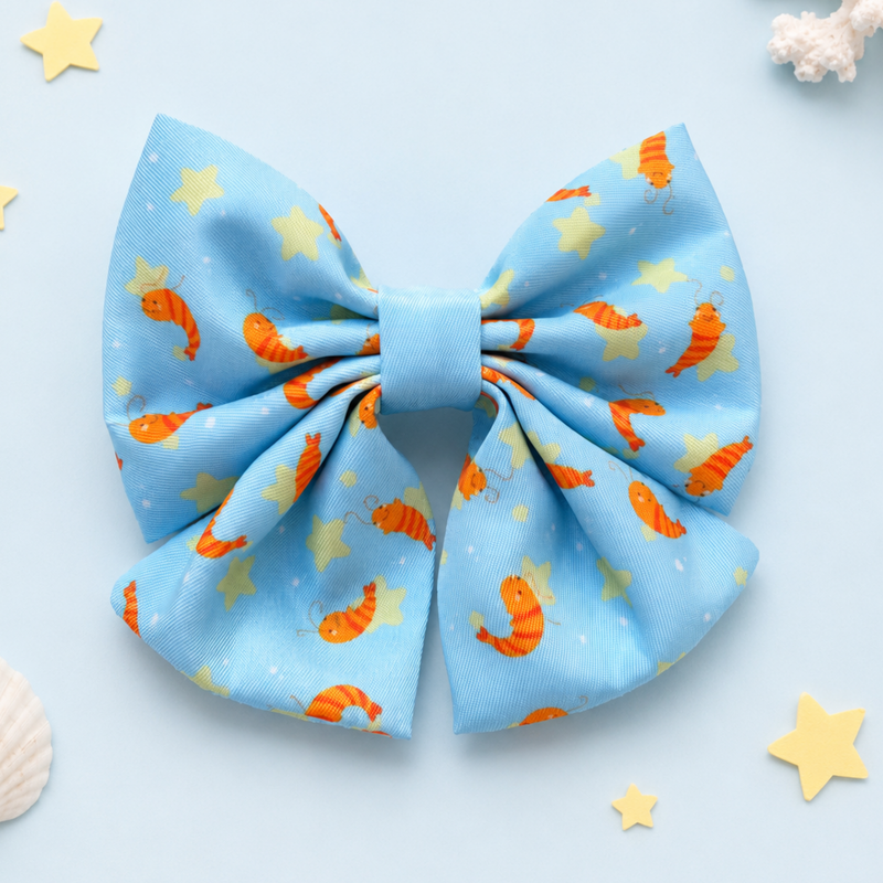 Prawn Star blue dog sailor bow with orange prawn and yellow star print
