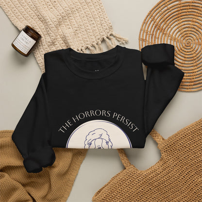 The Horrors Persist But So Do Hot Girls Sweatshirt | Funny Sweatshirt | Trendy Graphic Crewneck | Cute Dog Sweater | Bulldog | Boston Terrier | Meme dog