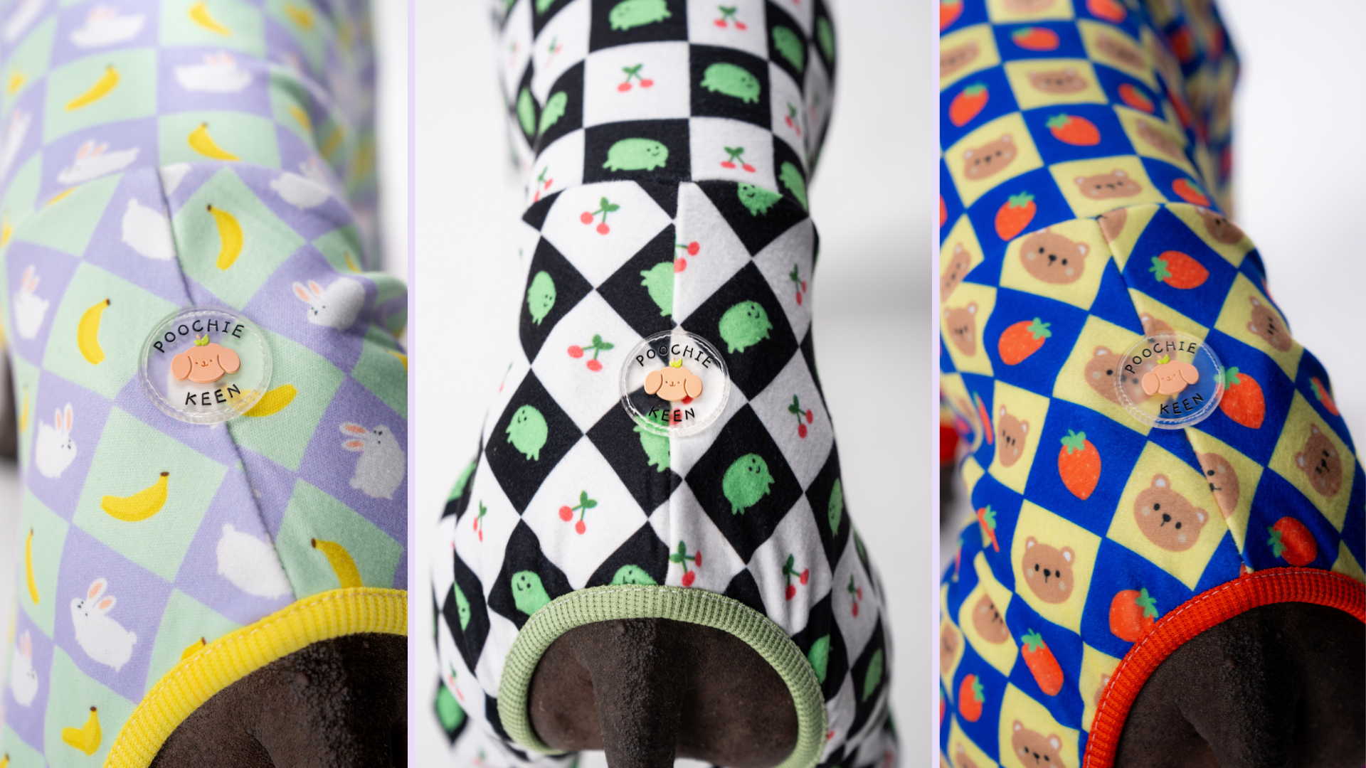 Three dog suits shown side by side: Bunny Banana in purple and green with bunnies and bananas, Frog Cherry in black and white with frogs and cherries, and Bear Suit in blue and yellow with bears and strawberries. Stretchy, full-body onesies for sighthounds and slim breeds.