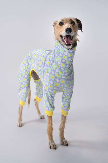 Large lurcher wears a bunny and banana print dog oneise, showing its soft material.
