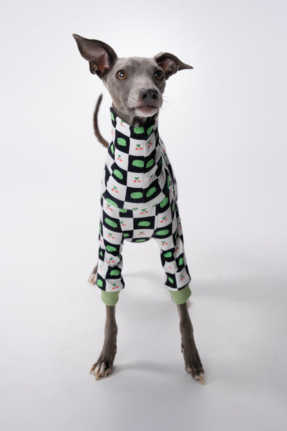 an iggy wearing kawaii frog print clothing. 